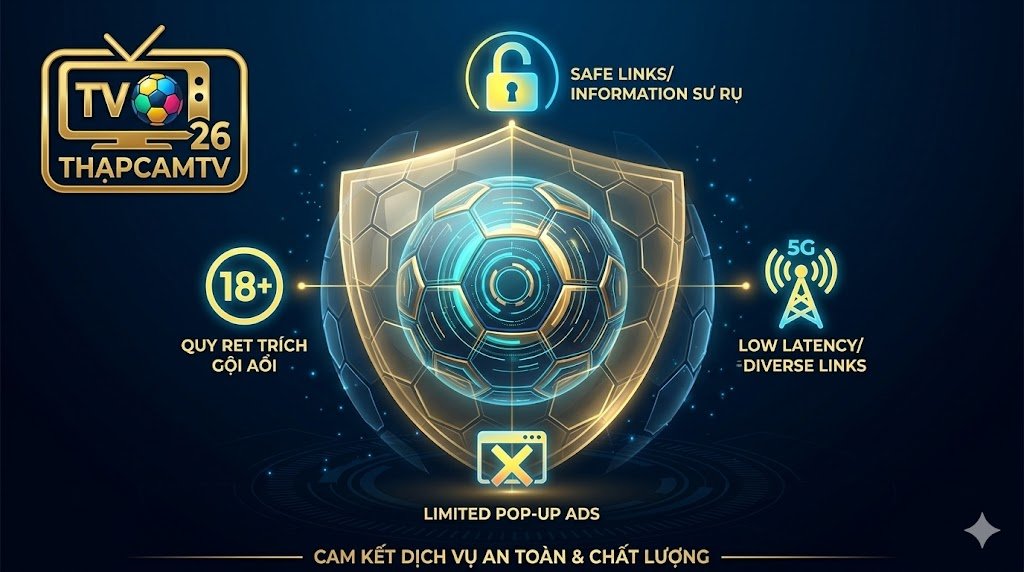 Đồ họa kỹ thuật số mô tả các cam kết dịch vụ của Thapcamtv: một quả bóng đá được bảo vệ bởi một chiếc khiên vàng, xung quanh là 4 biểu tượng biểu thị liên kết an toàn, độ trễ thấp, quy định độ tuổi và hạn chế quảng cáo pop-up, với logo Thapcamtv 26 ở góc trên bên trái.