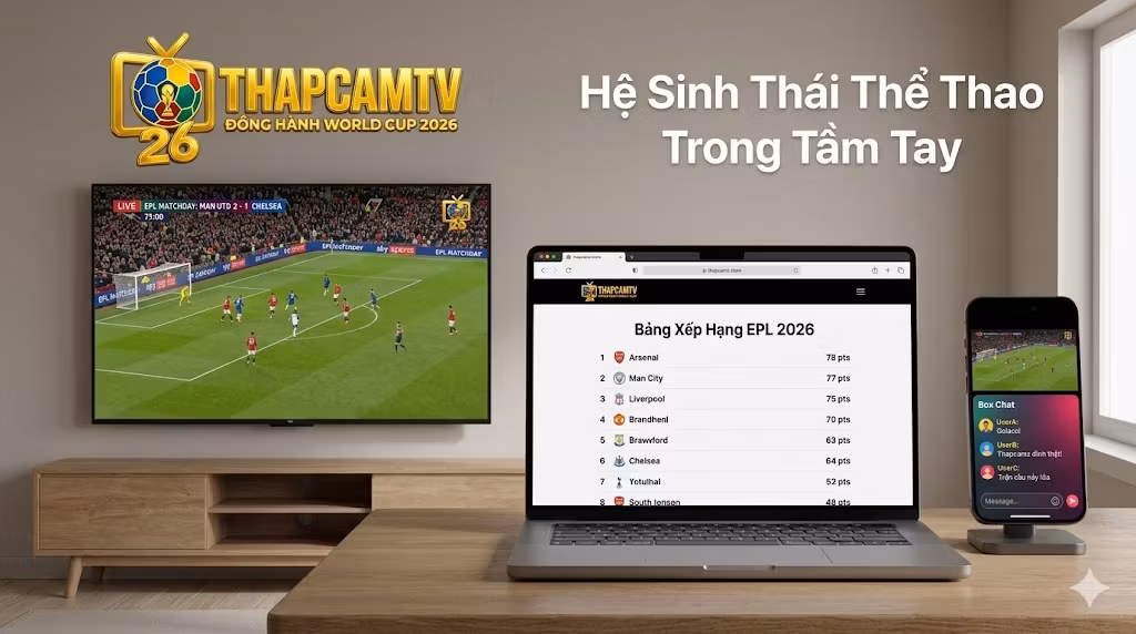 Hệ sinh thái thể thao Thapcamtv tối ưu trải nghiệm xem bóng đá trực tuyến, lịch thi đấu và bảng xếp hạng trên Smart TV, máy tính và điện thoại.