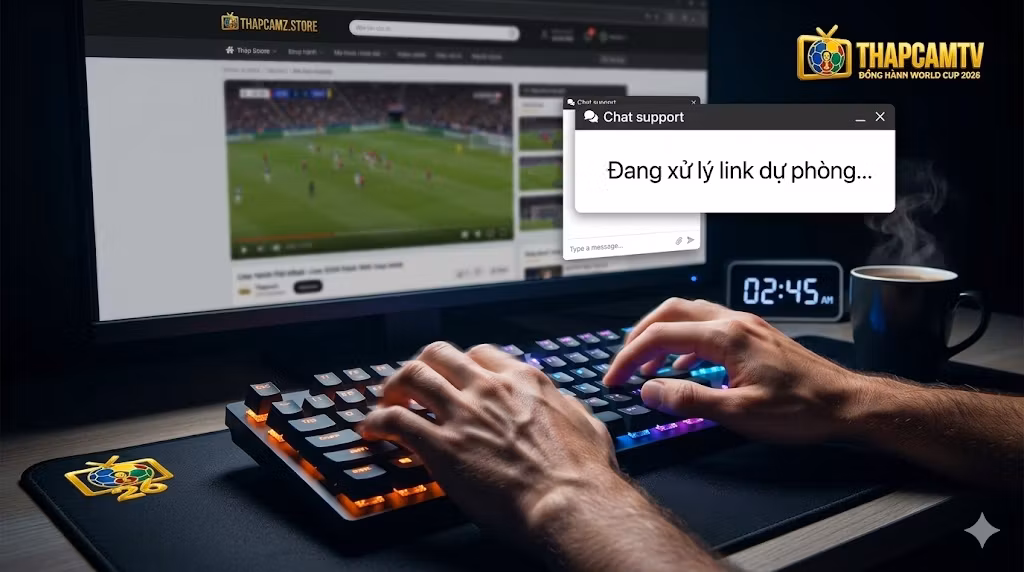 Đội ngũ kỹ thuật Thapcamtv làm việc liên tục trong đêm, thao tác xử lý sự cố và cung cấp link dự phòng nhanh chóng cho khán giả.