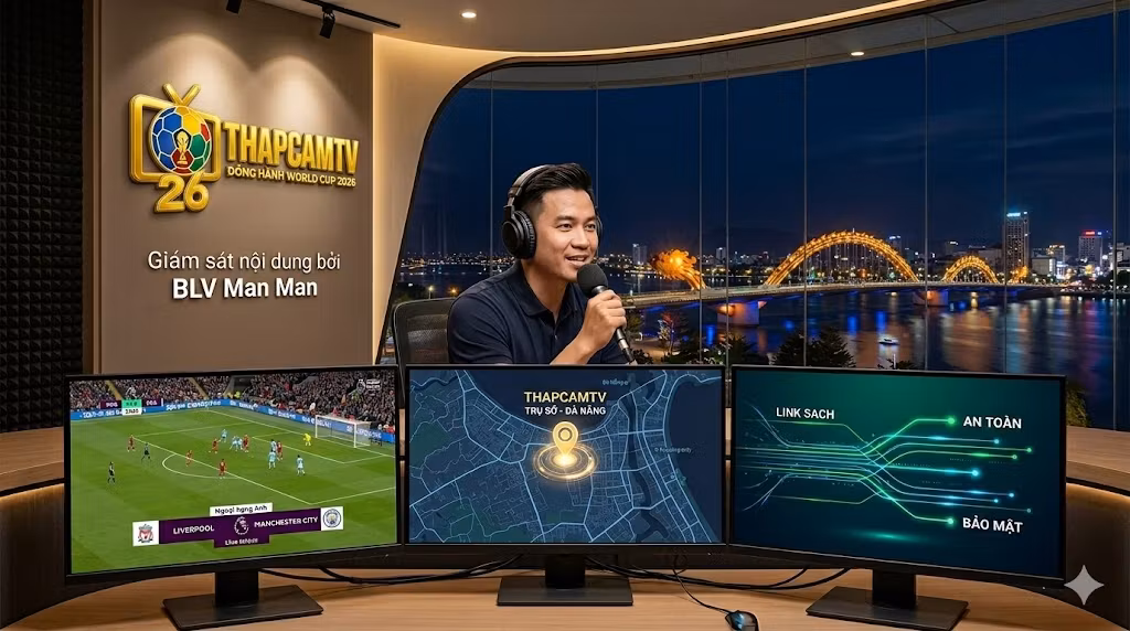Studio phát sóng thể thao hiện đại của Thapcamtv với BLV Man Man ngồi trước ba màn hình lớn (trận đấu trực tiếp, bản đồ, đồ họa an toàn), với cửa sổ lớn nhìn ra Cầu Rồng Đà Nẵng về đêm.