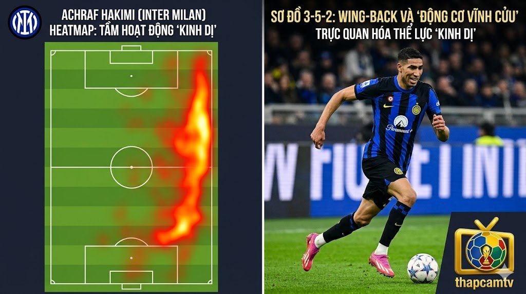 Bản đồ nhiệt (Heatmap) minh họa tầm hoạt động rộng lớn từ sân nhà đến sân khách, thể hiện đòi hỏi thể lực khắt khe của vị trí Wing-back trong sơ đồ 3-5-2.