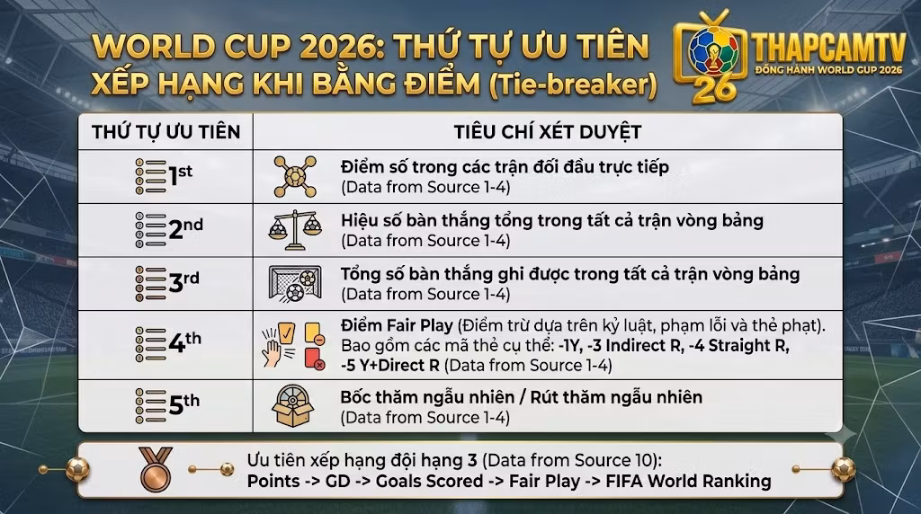 Bảng thứ tự ưu tiên xếp hạng khi bằng điểm (Tie-breaker) tại vòng bảng World Cup 2026. Chi tiết các tiêu chí: Đối đầu trực tiếp, Hiệu số bàn thắng bại, Tổng bàn thắng, Điểm Fair Play và Bảng xếp hạng FIFA cho nhóm hạng 3. Dữ liệu chuẩn hóa bởi Thapcamtv.