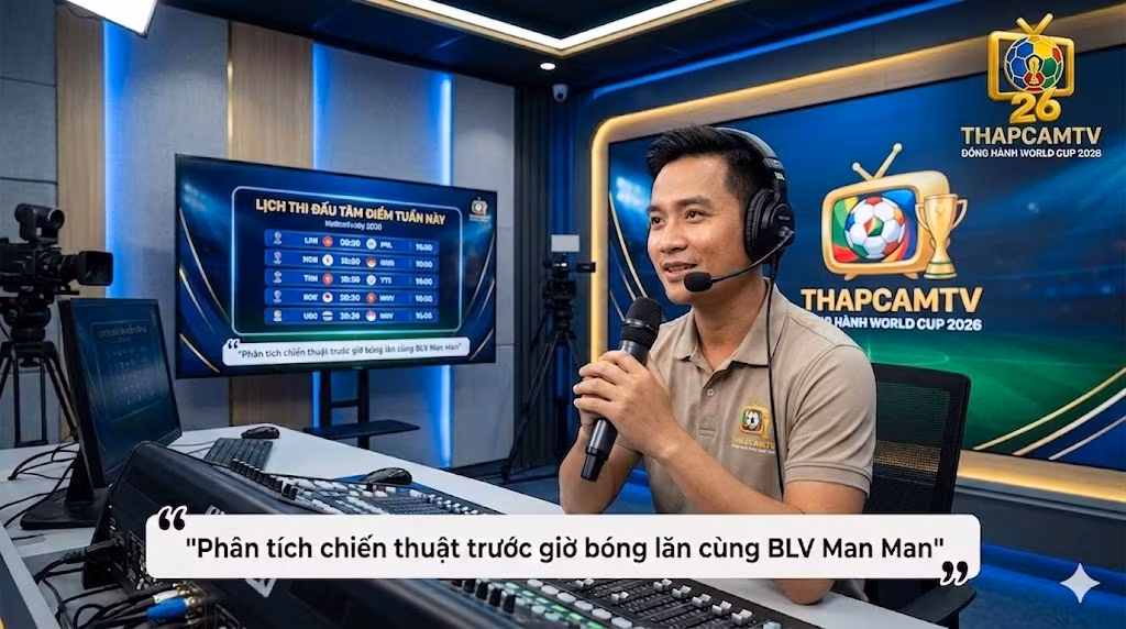 Chuyên gia BLV Man Man cập nhật lịch thi đấu tâm điểm và phân tích chiến thuật bóng đá tại phòng thu Thapcamtv.