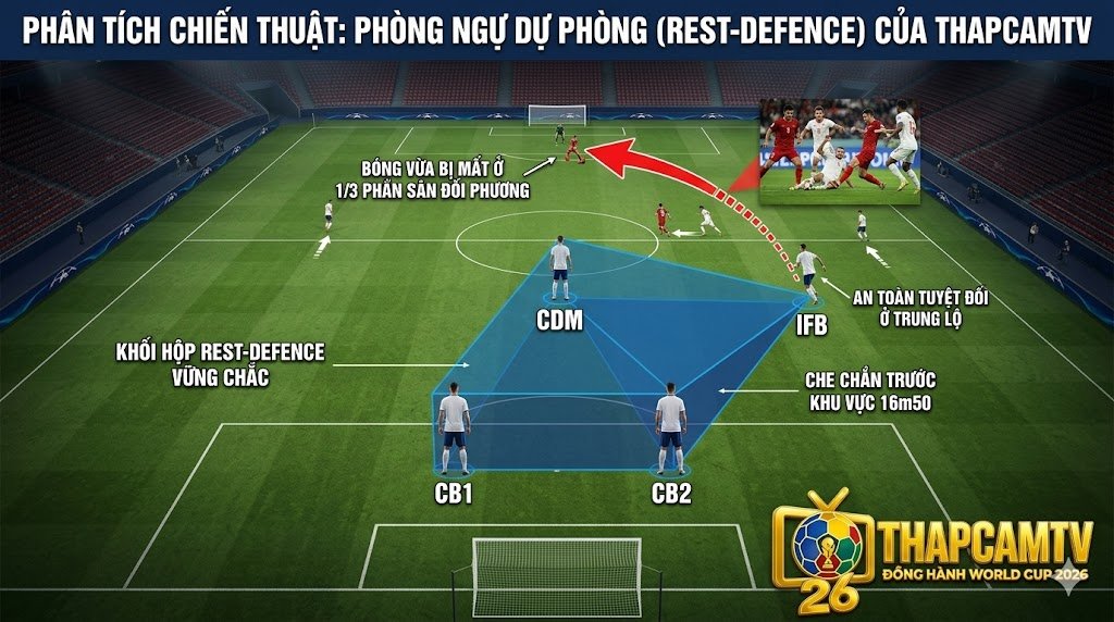 Cấu trúc phòng ngự dự phòng (rest-defence) chống phản công hiệu quả nhờ sự góp mặt của hậu vệ biên ngược.