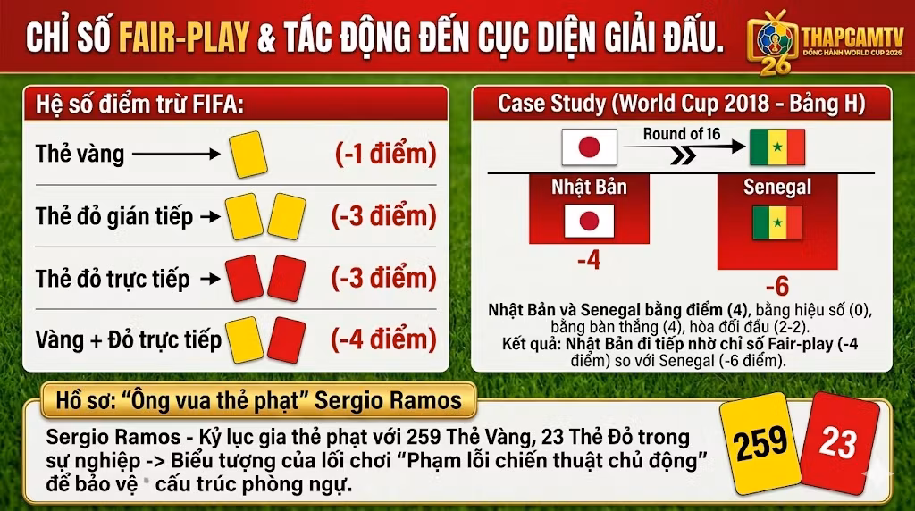 Bảng tính điểm trừ chỉ số Fair-play theo quy chuẩn FIFA quyết định thứ hạng vòng bảng và thống kê kỷ lục thẻ vàng, thẻ đỏ chiến thuật của hậu vệ Sergio Ramos.