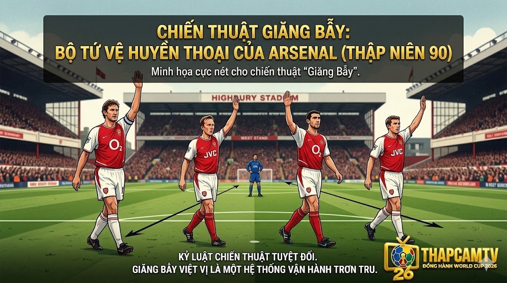 Bộ tứ vệ huyền thoại của câu lạc bộ Arsenal thập niên 90 đồng loạt dâng cao thực hiện chiến thuật giăng bẫy việt vị đối phương.