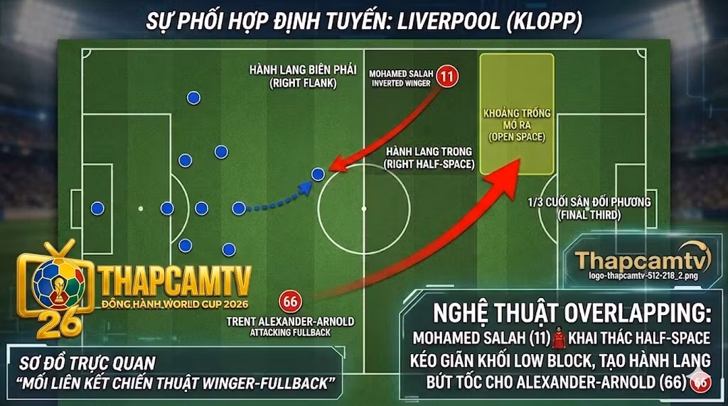 Phân tích sa bàn chiến thuật Overlapping và cách khai thác Half-space giữa tiền đạo cánh Mohamed Salah và hậu vệ biên Alexander-Arnold tại Liverpool.