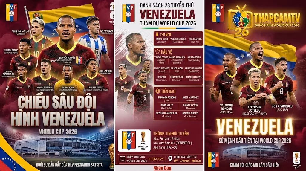Chiều sâu đội hình tuyển Venezuela năm 2026 với các trụ cột như Salomón Rondón, Yeferson Soteldo và Jon Aramburu do chuyên trang Thapcamtv tổng hợp.