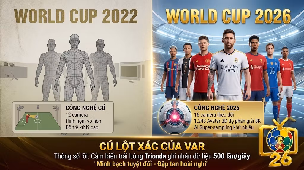 So sánh công nghệ VAR cũ và công nghệ 3D Gaussian Splatting tại World Cup 2026. Tái tạo 1.248 Avatar 3D siêu thực cho cầu thủ, kết hợp cảm biến bóng 500Hz giúp VAR minh bạch tuyệt đối. Xem phân tích công nghệ từ Thapcamtv.