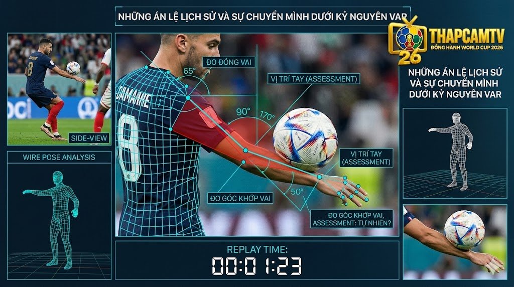 Hệ thống màn hình công nghệ VAR đo đạc góc độ hình học để xác định tư thế tay tự nhiên trong tình huống nghi ngờ bóng chạm tay tại Thapcamtv.