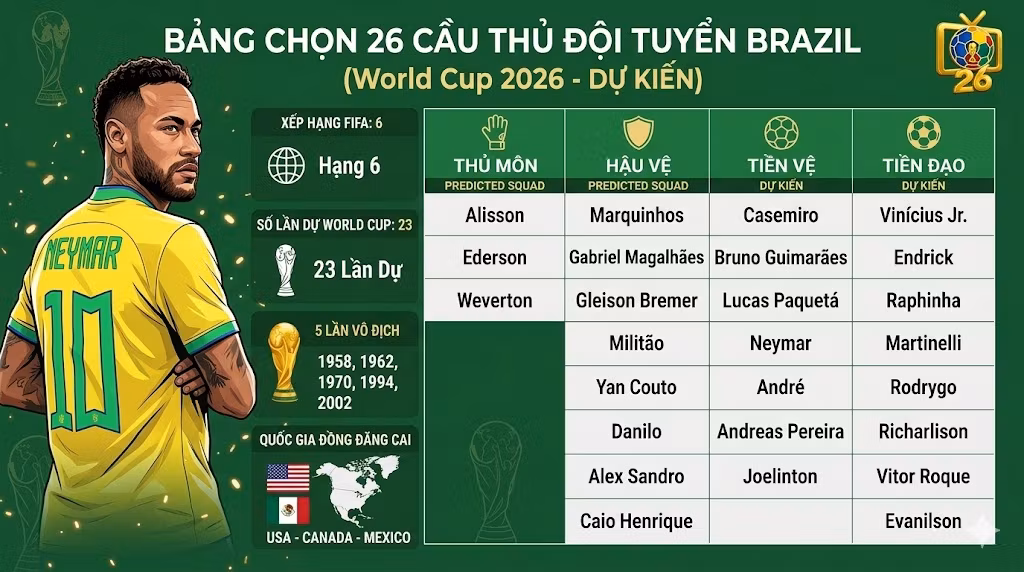 Infographic chi tiết bảng danh sách 26 cầu thủ đội tuyển Brazil tham dự World Cup 2026 được sắp xếp theo từng vị trí thi đấu.