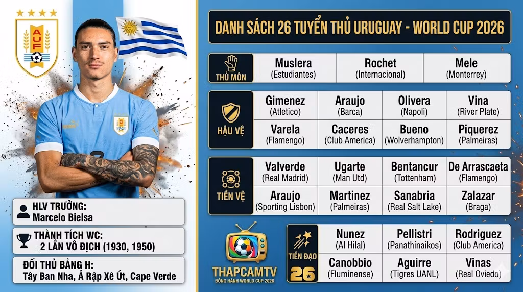 Infographic chi tiết danh sách 26 tuyển thủ đội tuyển Uruguay tham dự World Cup 2026 do HLV Marcelo Bielsa công bố.