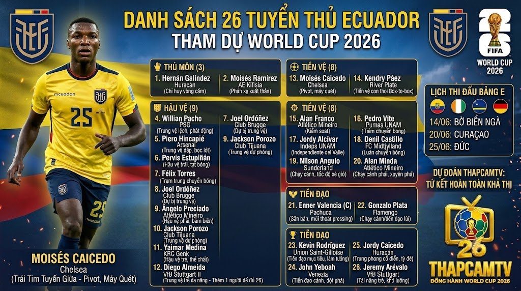 Infographic chi tiết danh sách 26 tuyển thủ Ecuador dự World Cup 2026, phân chia theo vị trí Thủ môn, Hậu vệ, Tiền vệ, Tiền đạo với tên và câu lạc bộ.
