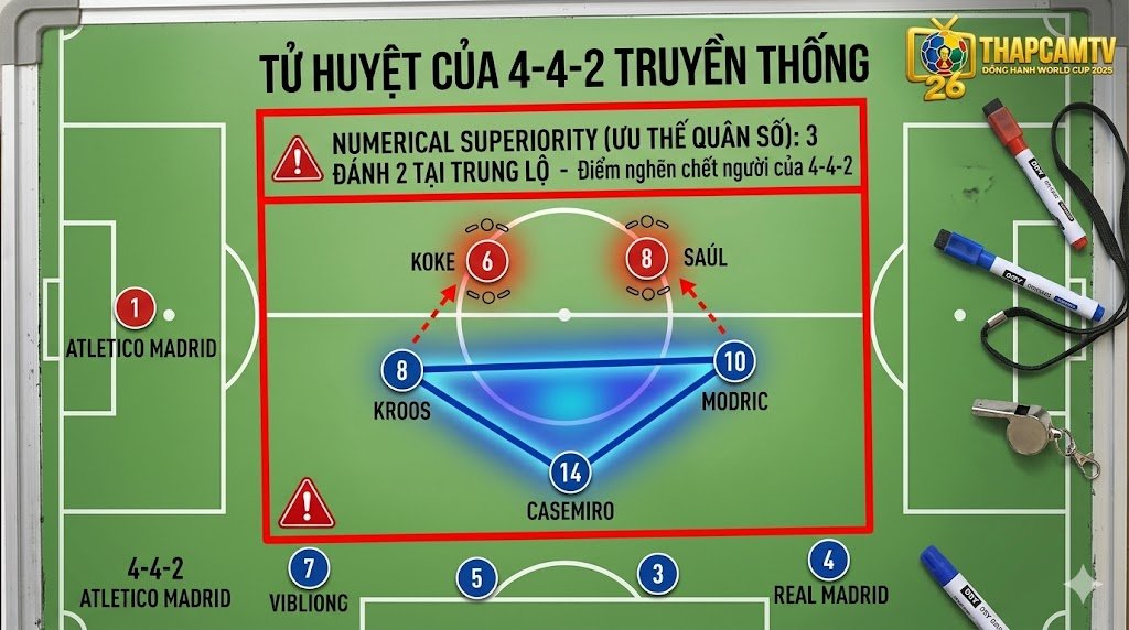 Tử huyệt của sơ đồ 4-4-2 truyền thống khi đối đầu 4-3-3: Tình huống quá tải quân số 3 đánh 2 tại trung lộ giữa Real Madrid và Atletico Madrid - Thapcamtv.