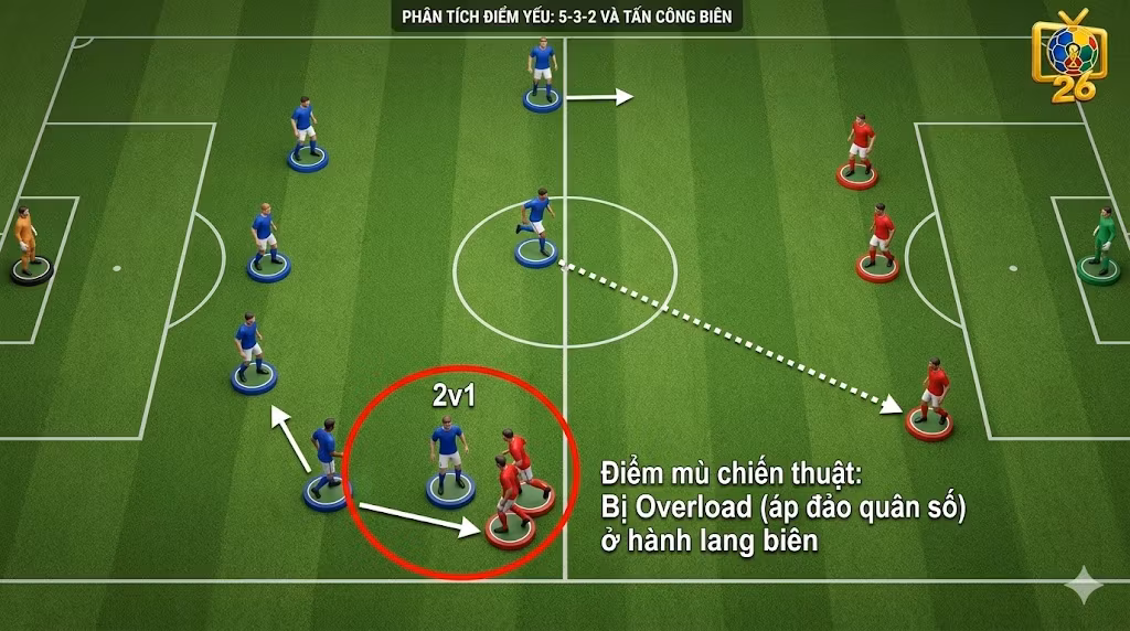 Phân tích điểm yếu của chiến thuật 5-3-2 khi bị đội hình 4-3-3 khai thác khoảng trống sau lưng Wing-back, tạo thế áp đảo quân số 2 đánh 1 ở hành lang biên.