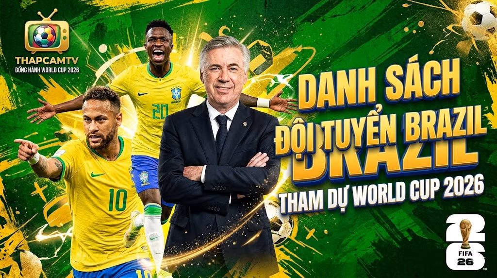 Ảnh bìa danh sách đội hình Brazil dự World Cup 2026 với sự góp mặt của HLV Carlo Ancelotti, Neymar và Vinicius Junior.