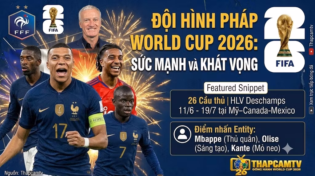 Đội hình Pháp World Cup 2026 hội tụ dàn sao Kylian Mbappe, N'Golo Kante và Michael Olise mang theo sức mạnh và khát vọng vô địch.