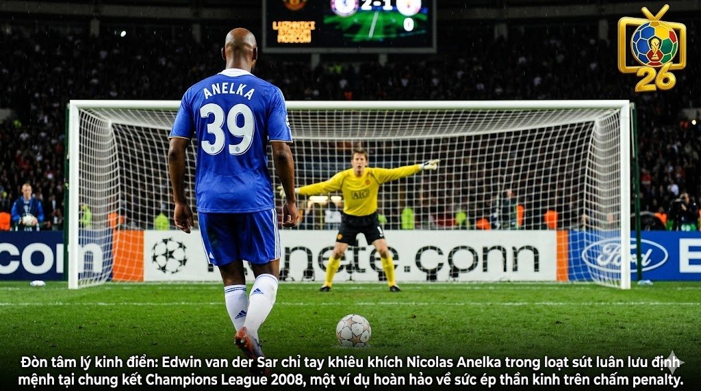 Thủ môn Edwin van der Sar dùng đòn tâm lý chỉ tay đánh lừa Nicolas Anelka trên chấm penalty tại chung kết Champions League 2008.