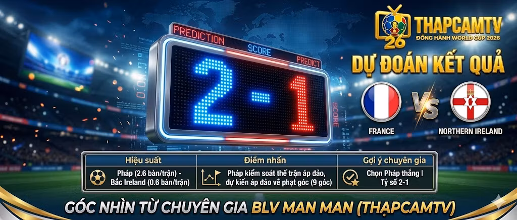 Bảng dự đoán tỷ số kết quả trận Pháp vs Bắc Ireland cùng các thống kê chuyên sâu từ chuyên gia BLV Man Man của hệ thống Thập Cẩm TV.