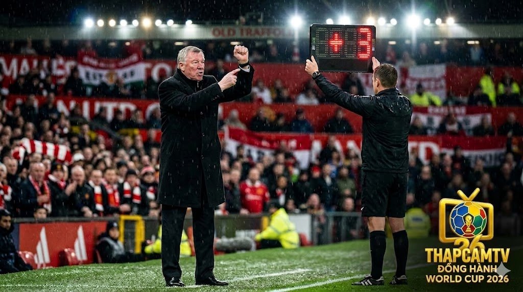 Mô tả khoảnh khắc kinh điển của Sir Alex Ferguson tạo áp lực lên trọng tài trên đường pitch Old Trafford trong một trận đấu đêm mưa.