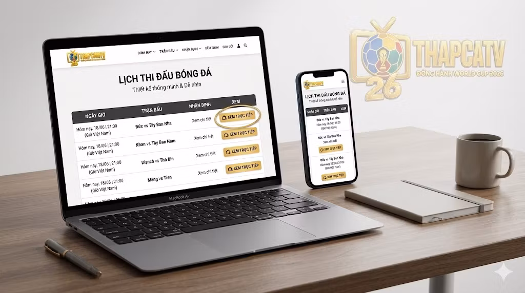 Giao diện xem lịch thi đấu bóng đá trực tuyến thông minh, dễ dàng thao tác trên điện thoại và máy tính tại website Thapcamz.store.