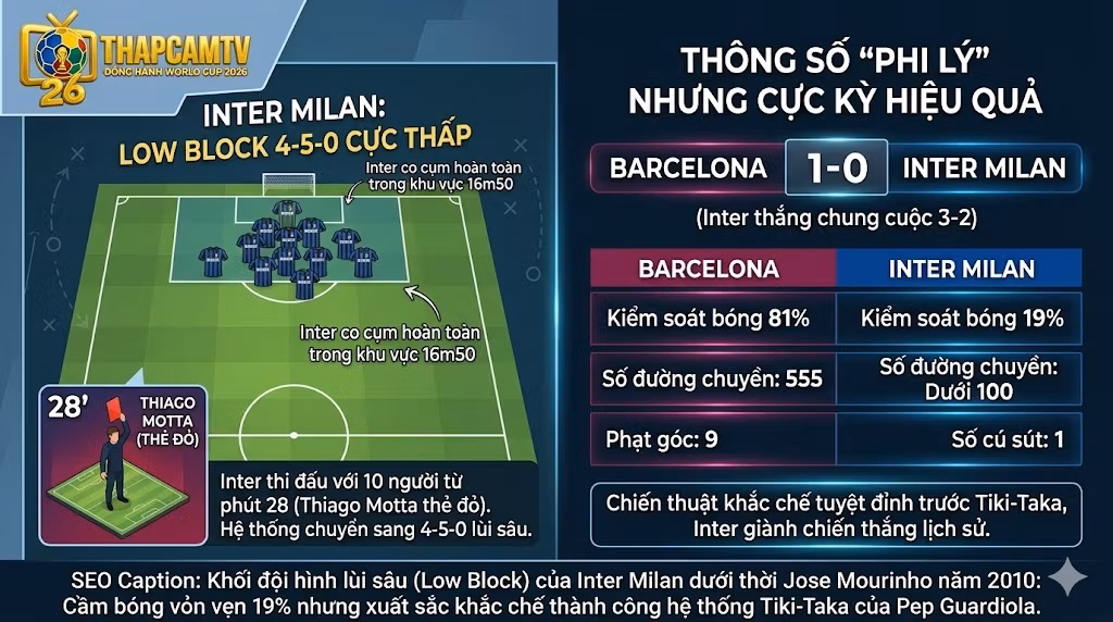 Bản đồ nhiệt và bảng thông số Low Block co cụm 4-5-0 của Inter Milan khắc chế hệ thống Tiki-Taka của Barca năm 2010.
