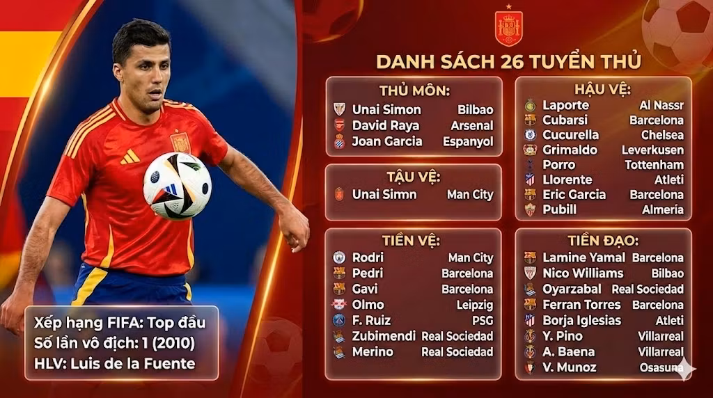 Infographic chi tiết danh sách 26 tuyển thủ Tây Ban Nha dự World Cup 2026 phân theo vị trí thi đấu gồm thủ môn, hậu vệ, tiền vệ và tiền đạo.