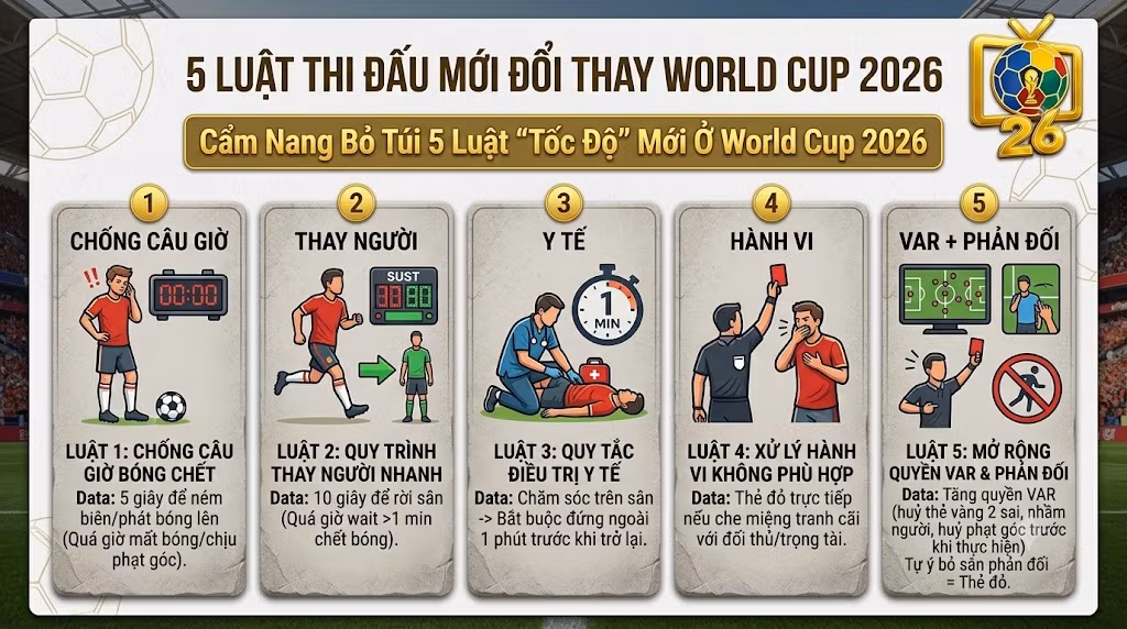 Infographic cẩm nang 5 luật thi đấu mới áp dụng tại World Cup 2026. Tổng hợp luật chống câu giờ (5 giây ném biên), quy trình thay người (10 giây rời sân), điều trị y tế, xử lý thẻ đỏ lỗi hành vi che miệng và mở rộng quyền VAR. Nguồn kiến thức bóng đá từ Thapcamtv.
