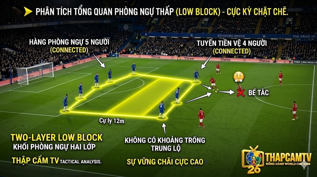 Góc máy siêu rộng trận đấu thực tế của Chelsea dưới thời Conte hoặc Tuchel, với các đường line vàng nối khối phòng ngự 5-4-1 vững chãi khi không có bóng trong sơ đồ 3-4-3.