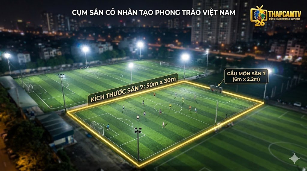 Toàn cảnh cụm sân cỏ nhân tạo và kích thước sân bóng đá 7 người phong trào chuẩn 50m x 30m tại Việt Nam.