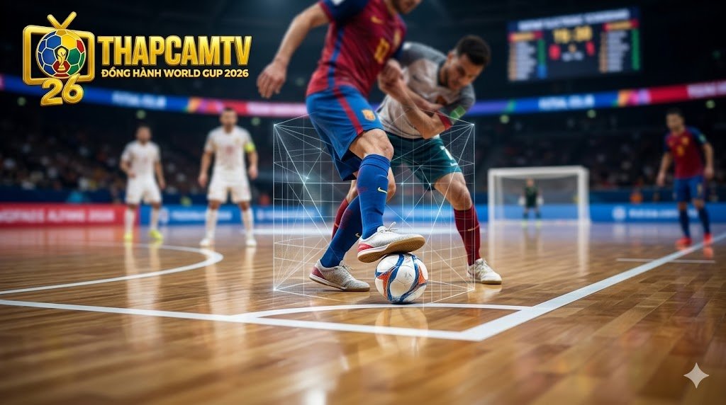 Cầu thủ thi đấu trong không gian hẹp trên mặt sân Futsal 5 người, minh họa đặc thù kích thước sân bóng đá trong nhà.