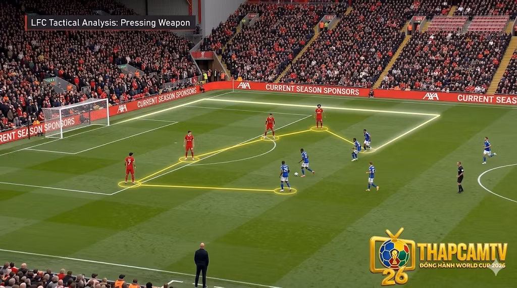 Khối pressing hẹp theo cấu trúc sơ đồ 4-2-4 của câu lạc bộ Liverpool dưới thời HLV Arne Slot tại giải Ngoại hạng Anh.