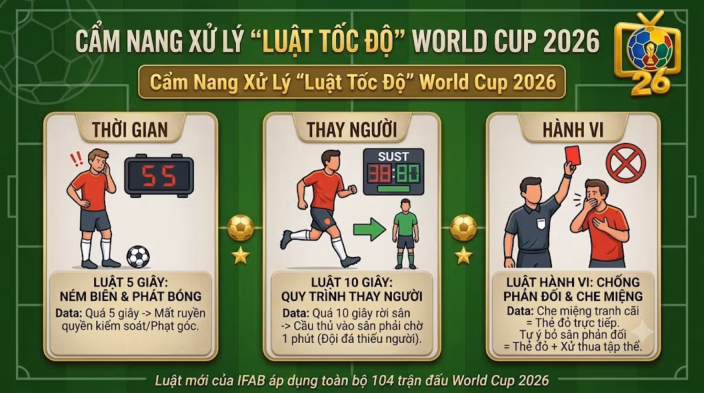 Cẩm nang 5 luật thi đấu mới tại World Cup 2026: quy định 5 giây đưa bóng vào cuộc, luật thay người 10 giây và chế tài thẻ đỏ cho hành vi che miệng tranh cãi. Giải thích chi tiết bởi chuyên gia Man Man của Thapcamtv.