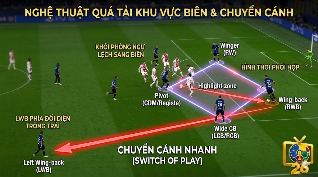 Hình ảnh phân tích chiến thuật, zoom cận cảnh một phần ba sân, thể hiện hình thoi bọc lót của 4 cầu thủ và mũi tên Switch of play, minh họa nghệ thuật quá tải khu vực biên của sơ đồ 3-4-3.