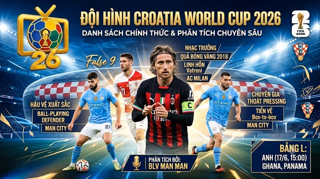 Ảnh ghép đồ họa giới thiệu 3 ngôi sao nổi bật nhất của đội tuyển Croatia tham dự World Cup 2026 trên Thapcamtv: Đội trưởng Luka Modrić (nhạc trưởng), Hậu vệ xuất sắc Joško Gvardiol và Tiền vệ kỹ thuật Mateo Kovačić, kèm theo các đặc điểm chiến thuật chính của từng người.