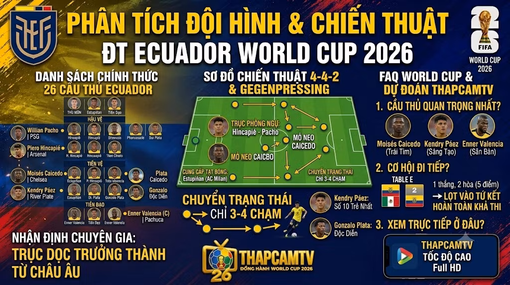 Visual phân tích chiến thuật và FAQ cho Đội hình Ecuador World Cup 2026, bao gồm sơ đồ Gegenpressing 4-4-2, câu hỏi thường gặp về cầu thủ quan trọng, và lịch thi đấu.