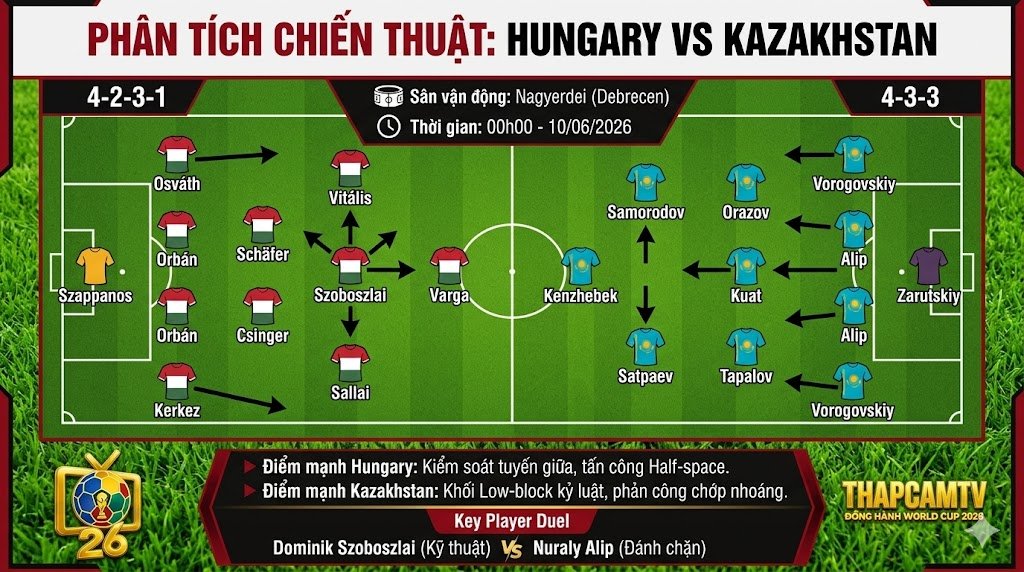 Phân tích sa bàn chiến thuật trận Hungary vs Kazakhstan, chi tiết cách vận hành sơ đồ 4-2-3-1 của đội chủ nhà đối đầu khối đội hình phòng ngự lùi sâu 4-3-3 của đội khách.