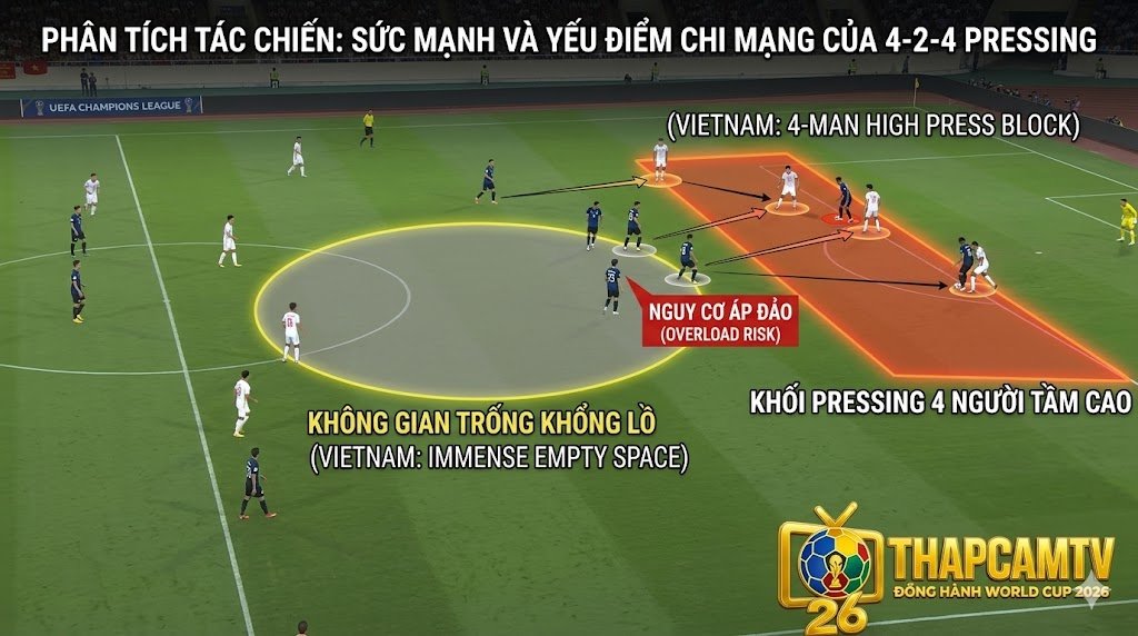 Phân tích không gian tuyến giữa và khối pressing 4 người tầm cao cho thấy rủi ro bị áp đảo quân số trong sơ đồ 4-2-4.