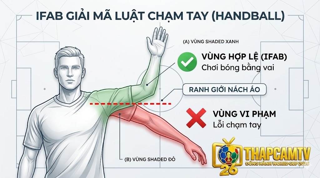Đồ họa giải phẫu ranh giới vi phạm luật chạm tay trong bóng đá theo chuẩn IFAB, phân định rõ vùng vai hợp lệ và vùng cánh tay phạm lỗi.