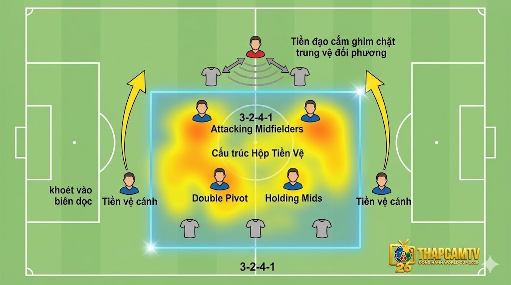 Đồ họa sa bàn chiến thuật phân tích chi tiết sơ đồ 3-2-4-1, làm nổi bật cấu trúc "box midfield"