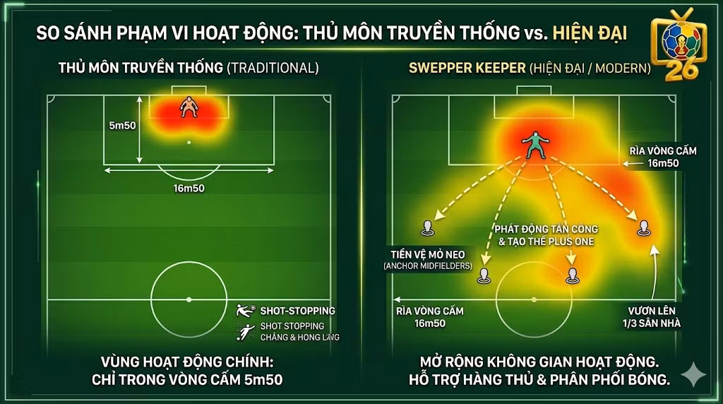 Sơ đồ bản đồ nhiệt so sánh phạm vi hoạt động của thủ môn truyền thống và thủ môn quét (sweeper keeper) trong chiến thuật kiểm soát bóng.