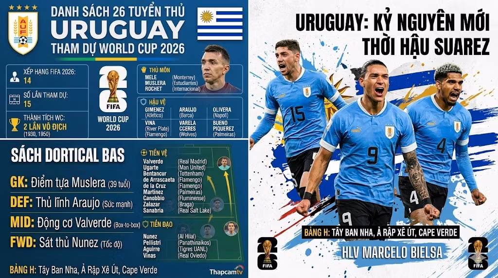 Sơ đồ chiến thuật pressing tầm cao của đội hình Uruguay tại World Cup 2026 với các hạt nhân Araujo, Valverde và Nunez - Phân tích bởi Thapcamtv.