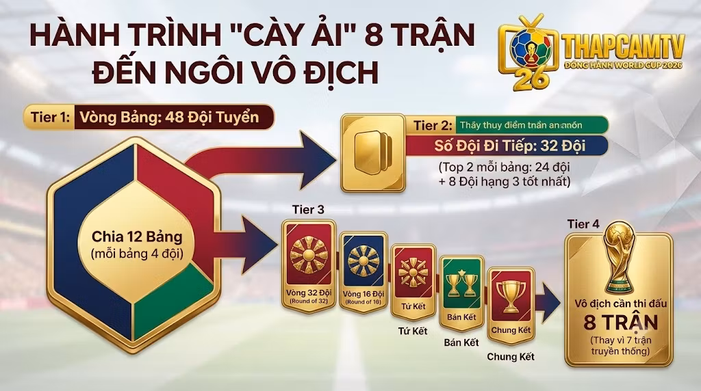 Sơ đồ hành trình vòng loại trực tiếp World Cup 2026. Trực quan hóa thể thức chọn 32 đội đi tiếp từ 12 bảng đấu. Điểm nhấn chiến thuật: Nhà vô địch phải thi đấu kỷ lục 8 trận đấu. Đồ họa phân tích chuyên sâu từ BLV Man Man của Thapcamtv.
