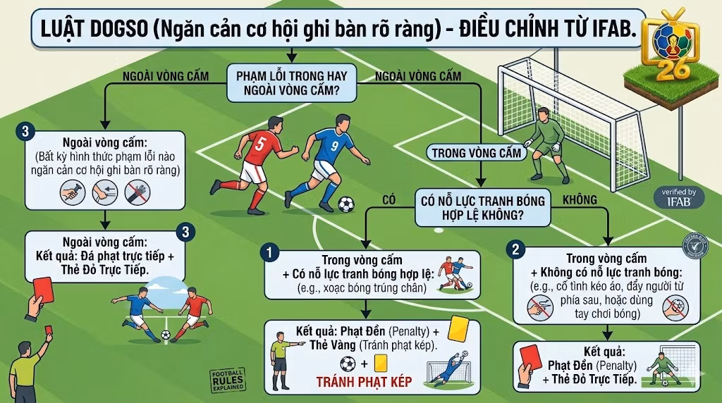 Sơ đồ phân tích chi tiết luật DOGSO của IFAB quy định về lỗi ngăn cản cơ hội ghi bàn rõ ràng và nguyên tắc tránh phạt kép (Double Jeopardy) trong vòng cấm địa.