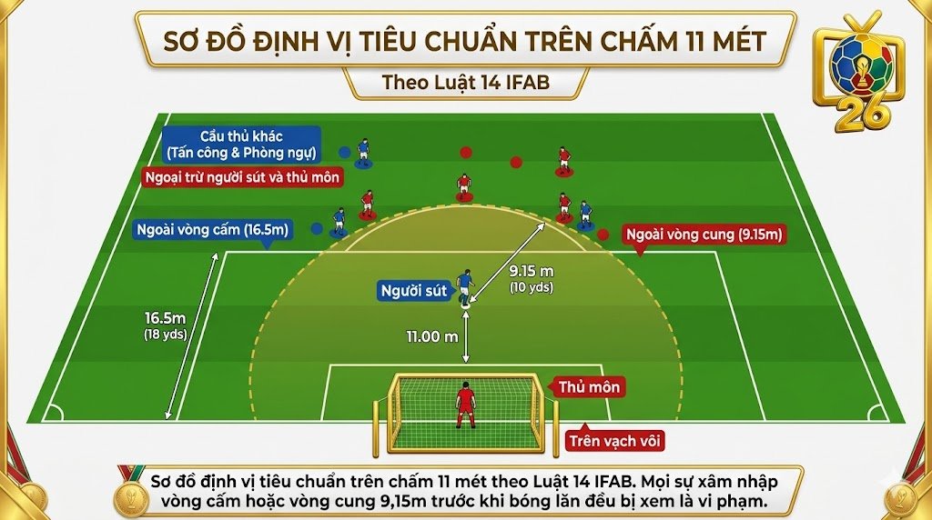 Sơ đồ vị trí đứng chuẩn của thủ môn và cầu thủ khi thực hiện quả đá penalty theo quy định Luật 14 IFAB.