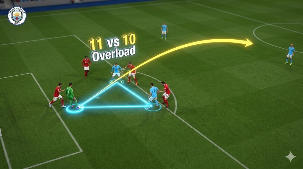 Đồ họa 3D mô phỏng nghệ thuật thoát pressing (Beat The Press) của Manchester City, sử dụng thủ môn để tạo lợi thế quân số 11 đấu 10 (Overload) ở phần sân nhà.