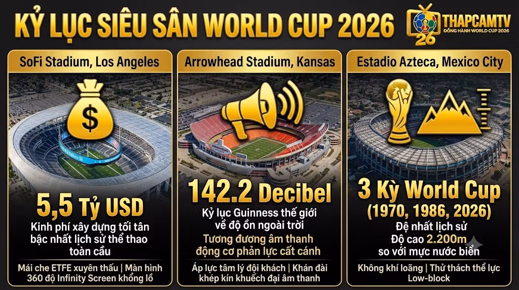Thẻ infographic bộ ba siêu sân vận động World Cup 2026 với kỷ lục: SoFi Stadium (LA) đắt nhất 5,5 Tỷ USD, Arrowhead Stadium (Kansas) ồn nhất 142.2 Decibel, Estadio Azteca (Mexico City) 3 lần đăng cai World Cup và độ cao 2.200m. Phân tích chiến thuật bởi BLV Thapcamtv.