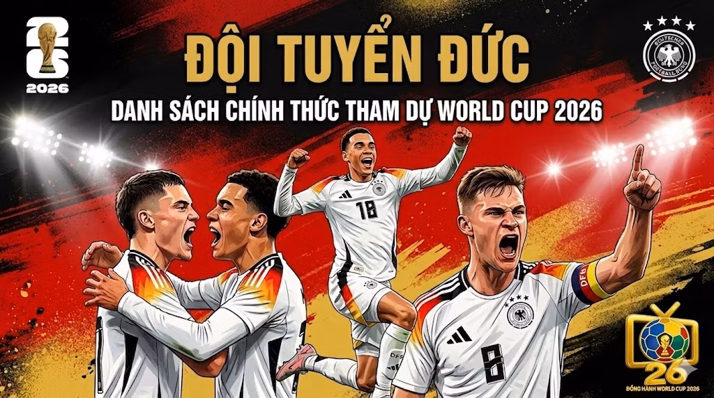 Thumbnail bài viết về đội tuyển Việt Nam tham dự World Cup 2026, hình ảnh các cầu thủ ăn mừng bùng nổ và HLV đang chỉ đạo trên nền cờ đỏ sao vàng.