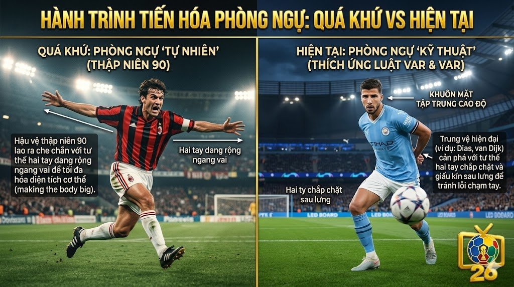 So sánh tư thế vung tay làm to cơ thể của hậu vệ thập niên 90 và kỹ năng chắp tay sau lưng của trung vệ hiện đại để tránh lỗi phạt đền.