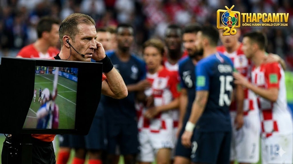 Trọng tài chính trực tiếp kiểm tra lại băng hình qua màn hình On-field Review ngoài đường biên để đưa ra phán quyết cuối cùng.